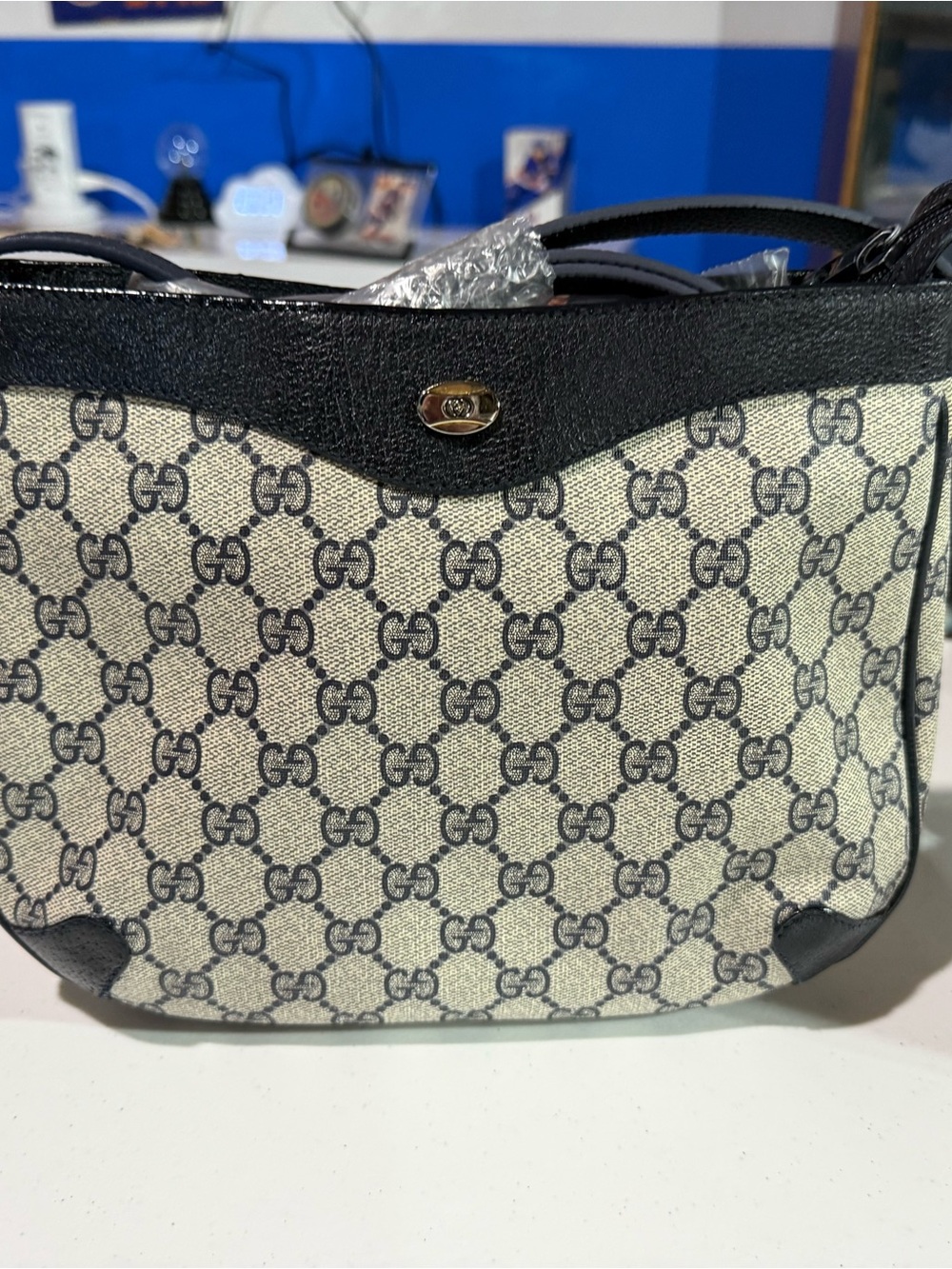 Gucci Beige and Black GG Canvas Shoulder Bag with Gold Accent